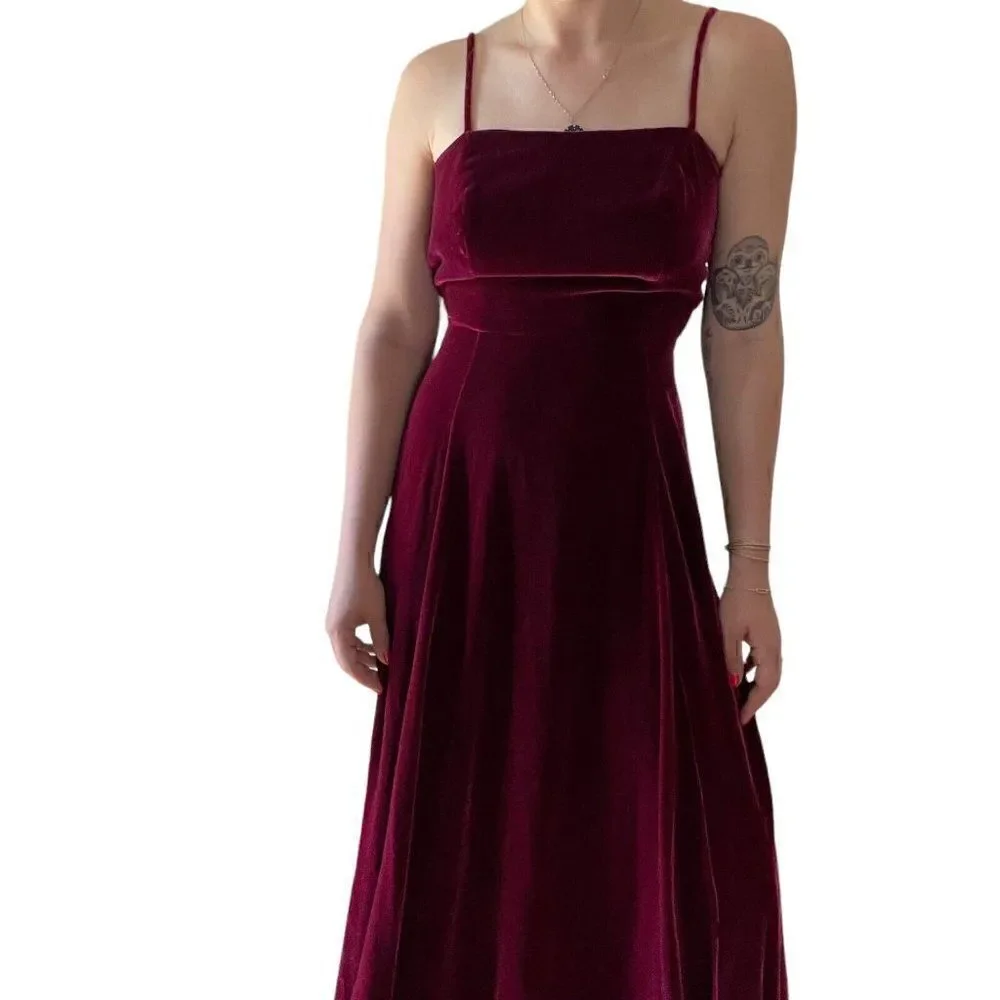 Vintage 1970s Womens Bonnie Strauss Red Crushed Velvet Square Neck Maxi Dress S - Picture 7 of 8